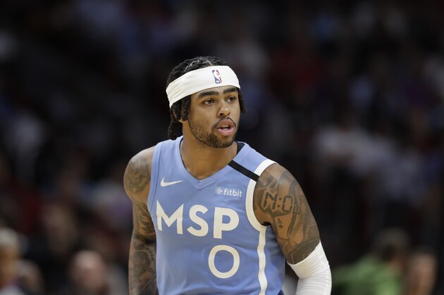 Minnesota Timberwolves guard D'Angelo Russell is shown during the second half of an NBA basketball game against the Miami Heat, Wednesday, Feb. 26, 2020, in Miami. (AP Photo/Wilfredo Lee)