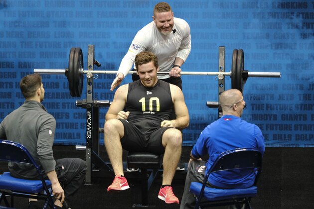 Arizona State kicker Michael Turk is congratulated after he bench pressed at the NFL football scouting combine Thursday, Feb. 27, 2020, in Indianapolis. (AJ Mast/AP Images for NFL)