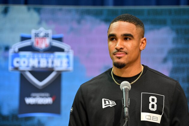 INDIANAPOLIS, INDIANA - FEBRUARY 25: Jalen Hurts #QB08 of Oklahoma interviews during the first day of the NFL Scouting Combine at Lucas Oil Stadium on February 25, 2020 in Indianapolis, Indiana. (Photo by Alika Jenner/Getty Images)
