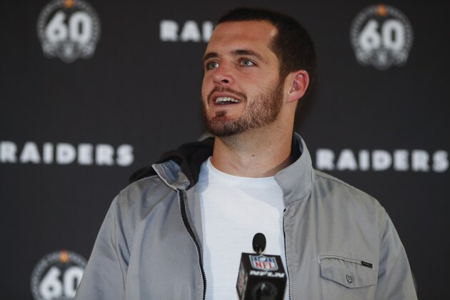 Oakland Raiders quarterback Derek Carr speaks after an NFL football game against the Denver Broncos Sunday, Dec. 29, 2019, in Denver. (AP Photo/David Zalubowski) Oakland Raiders quarterback Derek Carr speaks after an NFL football game against the Denver Broncos Sunday, Dec. 29, 2019, in Denver. (AP Photo/David Zalubowski)