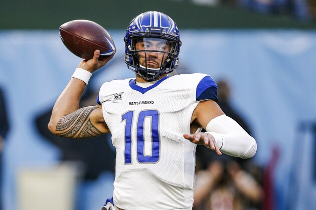 St. Louis Battlehawks quarterback Jordan Ta'amu (10) during an XFL football game against the Dallas Renegades, Sunday, Feb. 9, 2020, in Arlington, Texas. St. Louis won 15-9. (AP Photo/Brandon Wade)