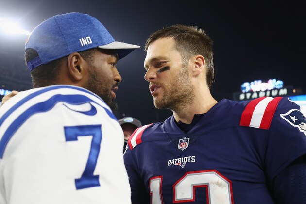 FOXBOROUGH, MA - OCTOBER 04:  Tom Brady #12 of the New England Patriots shakes hands with Jacoby Brissett #7 of the Indianapolis Colts after the Patriots defeated the Colts 38-24 at Gillette Stadium on October 4, 2018 in Foxborough, Massachusetts.  (Photo by Adam Glanzman/Getty Images)