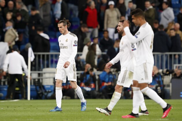 (L-R) Gareth Bale of Real Madrid, Daniel Carvajal of Real Madrid, Casemiro of Real Madrid during the UEFA Champions League round of 16 first leg match between Real Madrid and Manchester City FC at the Santiago Bernabeu stadium on February 26, 2020 in Madrid, Spain(Photo by ANP Sport via Getty Images)