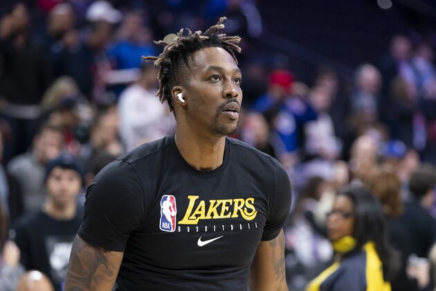 Los Angeles Lakers' Dwight Howard in action prior to the first half of an NBA basketball game against the Philadelphia 76ers, Saturday, Jan. 25, 2020, in Philadelphia. The 76ers won 108-91. (AP Photo/Chris Szagola)