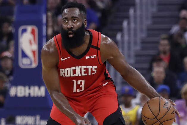 Houston Rockets' James Harden drives the ball against the Golden State Warriors in the first half of an NBA basketball game Thursday, Feb. 20, 2020, in San Francisco. (AP Photo/Ben Margot)
