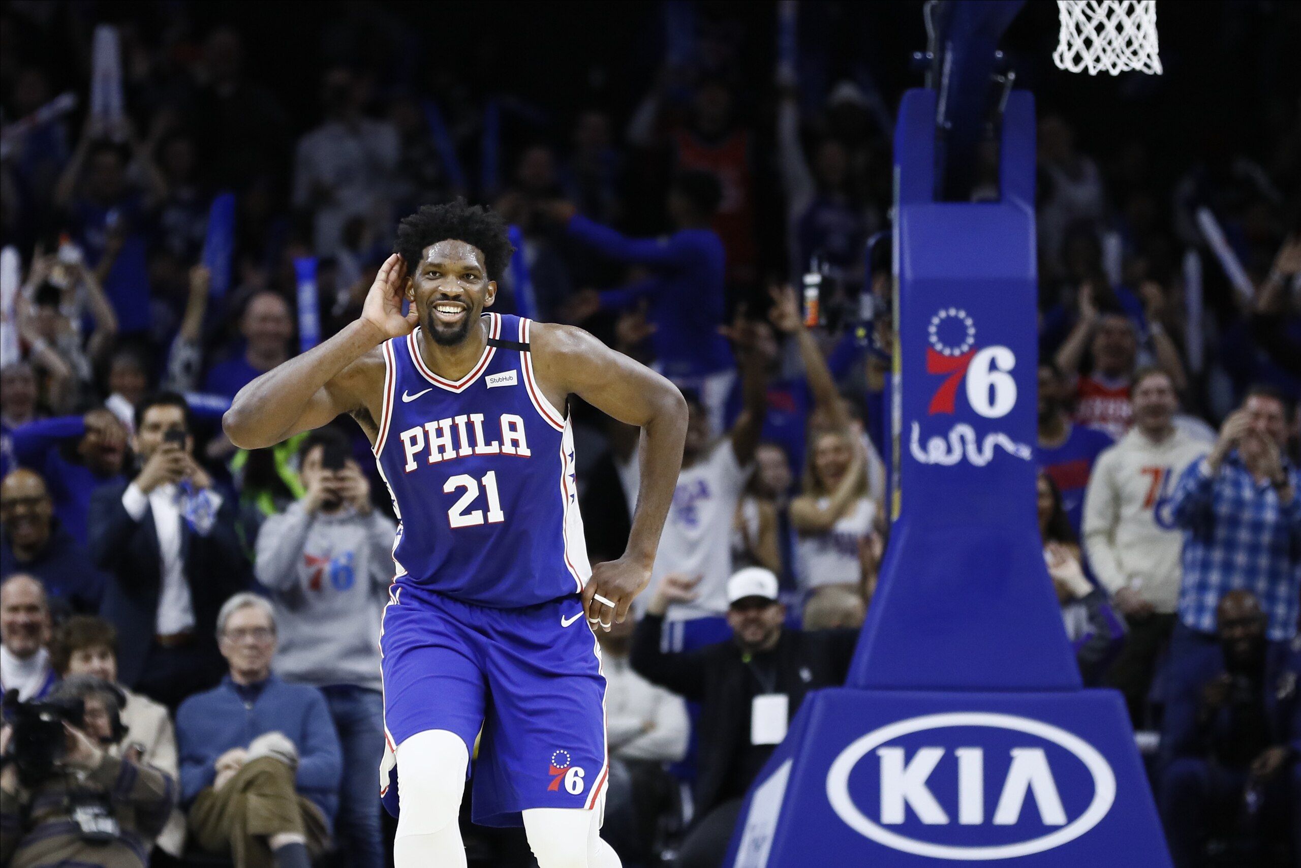 Philadelphia 76ers' Joel Embiid reacts during an NBA basketball game against the Atlanta Hawks, Monday, Feb. 24, 2020, in Philadelphia. (AP Photo/Matt Slocum) Philadelphia 76ers' Joel Embiid reacts during an NBA basketball game against the Atlanta Hawks, Monday, Feb. 24, 2020, in Philadelphia. (AP Photo/Matt Slocum)