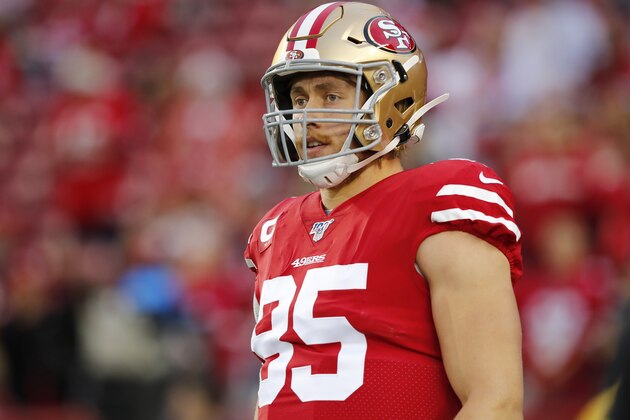 San Francisco 49ers tight end George Kittle before an NFL football game against the Los Angeles Rams in Santa Clara, Calif., Saturday, Dec. 21, 2019. (AP Photo/John Hefti)