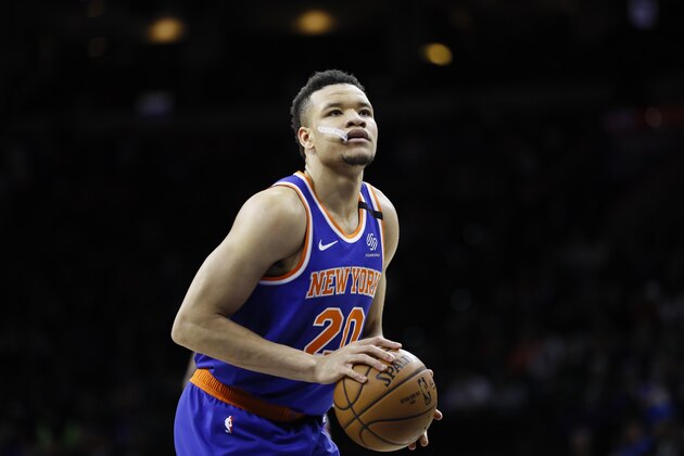 New York Knicks' Kevin Knox II plays during an NBA basketball game against the Philadelphia 76ers, Thursday, Feb. 27, 2020, in Philadelphia. (AP Photo/Matt Slocum)