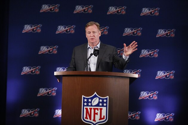 NFL Commissioner Roger Goodell speaks to the media during the NFL football owners meeting on Wednesday, May 22, 2019, in Key Biscayne, Fla. (AP Photo/Brynn Anderson)