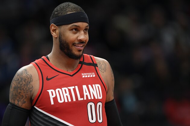 Portland Trail Blazers forward Carmelo Anthony (00) looks on during the second half of an NBA basketball game against the Washington Wizards, Friday, Jan. 3, 2020, in Washington. The Trail Blazers won 122-103. (AP Photo/Nick Wass)