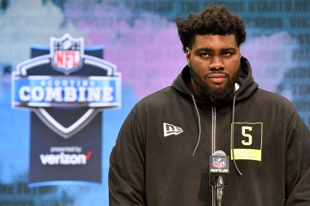 INDIANAPOLIS, INDIANA - FEBRUARY 26: Mekhi Becton #OL05 of the Louisville interviews during the second day of the 2020 NFL Scouting Combine at Lucas Oil Stadium on February 26, 2020 in Indianapolis, Indiana. (Photo by Alika Jenner/Getty Images)