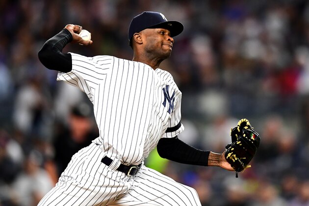NEW YORK, NEW YORK - SEPTEMBER 18: Domingo German #55 of the New York Yankees pitches during the third inning of their game against the Los Angeles Angels at Yankee Stadium on September 18, 2019 in the Bronx borough of New York City. (Photo by Emilee Chinn/Getty Images)
