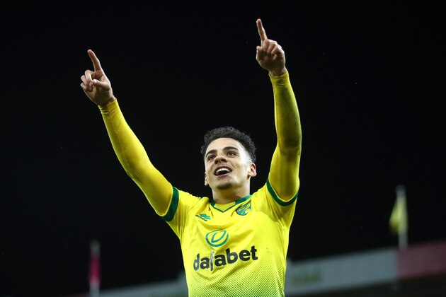 NORWICH, ENGLAND - FEBRUARY 28: Max Aarons of Norwich City celebrates after Jamal Lewis scores his sides first goal during the Premier League match between Norwich City and Leicester City at Carrow Road on February 28, 2020 in Norwich, United Kingdom. (Photo by Julian Finney/Getty Images) NORWICH, ENGLAND - FEBRUARY 28: Max Aarons of Norwich City celebrates after Jamal Lewis scores his sides first goal during the Premier League match between Norwich City and Leicester City at Carrow Road on February 28, 2020 in Norwich, United Kingdom. (Photo by Julian Finney/Getty Images)