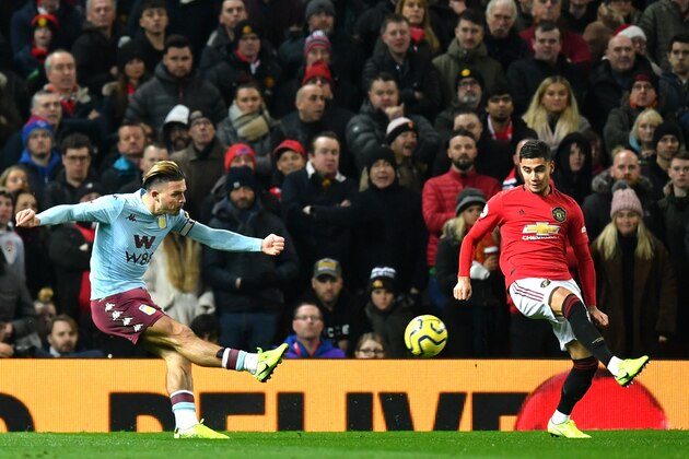MANCHESTER, ENGLAND - DECEMBER 01: Jack Grealish of Aston Villa scores his sides first goal during the Premier League match between Manchester United and Aston Villa at Old Trafford on December 01, 2019 in Manchester, United Kingdom. (Photo by Dan Mullan/Getty Images)
