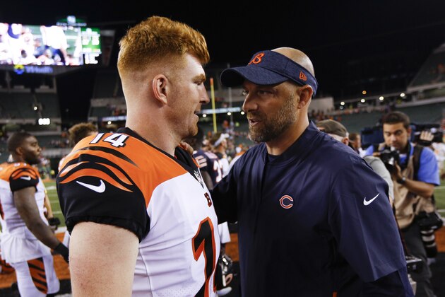 Cincinnati Bengals quarterback Andy Dalton, left, meets with Chicago Bears head coach Matt Nagy, right, after an NFL preseason football game, Thursday, Aug. 9, 2018, in Cincinnati. (AP Photo/Frank Victores) Cincinnati Bengals quarterback Andy Dalton, left, meets with Chicago Bears head coach Matt Nagy, right, after an NFL preseason football game, Thursday, Aug. 9, 2018, in Cincinnati. (AP Photo/Frank Victores)