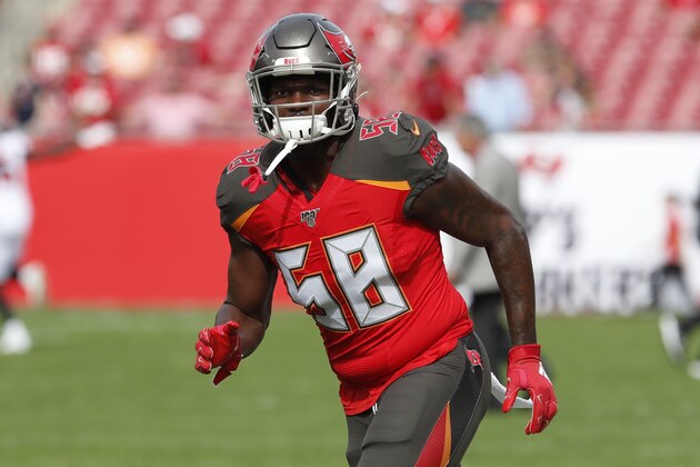 Tampa Bay Buccaneers linebacker Shaquil Barrett (58) before an NFL football game against the Atlanta Falcons Sunday, Dec. 29, 2019, in Tampa, Fla. (AP Photo/Mark LoMoglio) Tampa Bay Buccaneers linebacker Shaquil Barrett (58) before an NFL football game against the Atlanta Falcons Sunday, Dec. 29, 2019, in Tampa, Fla. (AP Photo/Mark LoMoglio)