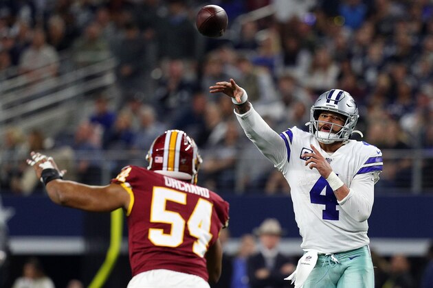 ARLINGTON, TEXAS - DECEMBER 29: Dak Prescott #4 of the Dallas Cowboys passes against the Washington Redskins at AT&T Stadium on December 29, 2019 in Arlington, Texas. (Photo by Richard Rodriguez/Getty Images)