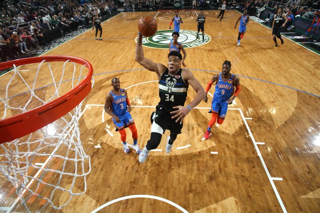 MILWAUKEE, WI - FEBRUARY 28: Giannis Antetokounmpo #34 of the Milwaukee Bucks dunks the ball against the Oklahoma City Thunder on February 28, 2020 at the Fiserv Forum Center in Milwaukee, Wisconsin. NOTE TO USER: User expressly acknowledges and agrees that, by downloading and or using this Photograph, user is consenting to the terms and conditions of the Getty Images License Agreement. Mandatory Copyright Notice: Copyright 2020 NBAE (Photo by Gary Dineen/NBAE via Getty Images).
