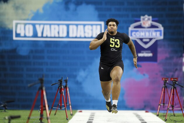 Iowa offensive lineman Tristan Wirfs runs the 40-yard dash at the NFL football scouting combine in Indianapolis, Friday, Feb. 28, 2020. (AP Photo/Charlie Neibergall) Iowa offensive lineman Tristan Wirfs runs the 40-yard dash at the NFL football scouting combine in Indianapolis, Friday, Feb. 28, 2020. (AP Photo/Charlie Neibergall)