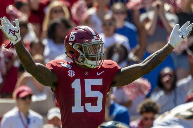 Alabama defensive back Xavier McKinney (15) signals during the first half of an NCAA college football game against Southern Miss, Saturday, Sept. 21, 2019, in Tuscaloosa, Ala. (AP Photo/Vasha Hunt)