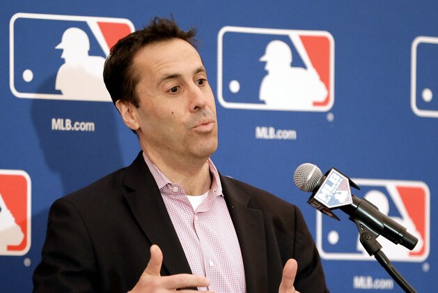 Dan Halem, chief legal officer of Major League Baseball, answers questions during a news conference at the annual MLB baseball general managers' meetings, Wednesday, Nov. 15, 2017, in Orlando, Fla. (AP Photo/John Raoux)