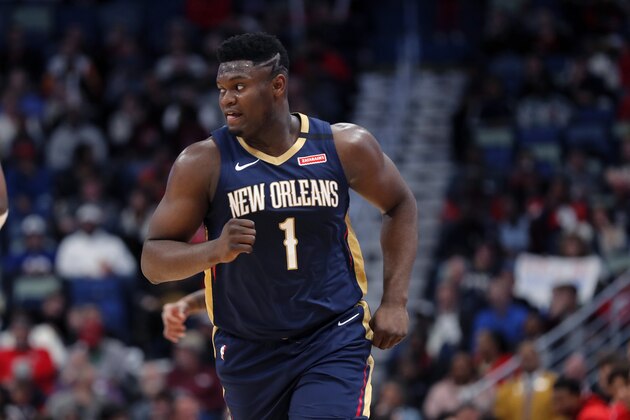 New Orleans Pelicans forward Zion Williamson (1) runs down court in the first half of an NBA basketball game against the Memphis Grizzlies in New Orleans, Friday, Jan. 31, 2020. (AP Photo/Gerald Herbert)