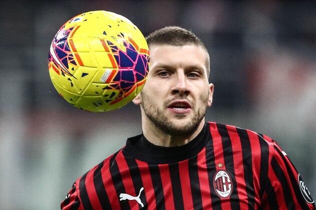 AC Milan's Croatian forward Ante Rebic eyes the ball during the Italian Cup (Coppa Italia) semi-final first leg football match AC Milan vs Juventus Turin on February 13, 2020 at the San Siro stadium in Milan. (Photo by Isabella BONOTTO / AFP) (Photo by ISABELLA BONOTTO/AFP via Getty Images)