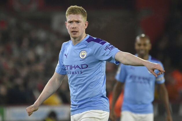 Manchester City's Kevin De Bruyne during the English Premier League soccer match between Sheffield United and Manchester City at Bramall Lane in Sheffield, England, Tuesday, Jan. 21, 2020. (AP Photo/Rui Vieira) Manchester City's Kevin De Bruyne during the English Premier League soccer match between Sheffield United and Manchester City at Bramall Lane in Sheffield, England, Tuesday, Jan. 21, 2020. (AP Photo/Rui Vieira)