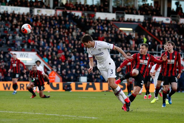 Chelsea's Spanish defender Marcos Alonso (C) scores his team's second goal during the English Premier League football match between Bournemouth and Chelsea at the Vitality Stadium in Bournemouth, southern England on February 29, 2020. (Photo by Adrian DENNIS / AFP) / RESTRICTED TO EDITORIAL USE. No use with unauthorized audio, video, data, fixture lists, club/league logos or 'live' services. Online in-match use limited to 120 images. An additional 40 images may be used in extra time. No video emulation. Social media in-match use limited to 120 images. An additional 40 images may be used in extra time. No use in betting publications, games or single club/league/player publications. /  (Photo by ADRIAN DENNIS/AFP via Getty Images)