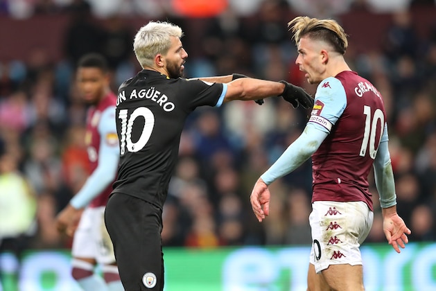 BIRMINGHAM, ENGLAND - JANUARY 12:  Sergio Aguero of Manchester City clashes with Jack Grealish of Aston Villa during the Premier League match between Aston Villa and Manchester City at Villa Park on January 12, 2020 in Birmingham, United Kingdom. (Photo by Alex Livesey - Danehouse/Getty Images)