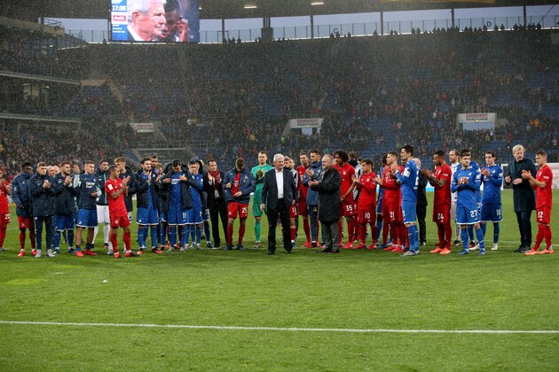 SINSHEIM, GERMANY - FEBRUARY 29: (BILD ZEITUNG OUT) Dietmar Hopp, Chairman Karl-Heinz Rummenigge of FC Bayern Muenchen and with both Teams gestures after the Bundesliga match between TSG 1899 Hoffenheim and FC Bayern Muenchen at PreZero-Arena on February 29, 2020 in Sinsheim, Germany. (Photo by Harry Langer/DeFodi Images via Getty Images)