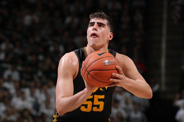 EAST LANSING, MI - FEBRUARY 25: Luka Garza #55 of the Iowa Hawkeyes shoots a free throw in the second half of the game against the Michigan State Spartans at the Breslin Center on February 25, 2020 in East Lansing, Michigan. (Photo by Rey Del Rio/Getty Images)