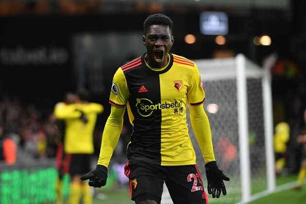 Watford's Senegalese midfielder Ismaila Sarr (C) celebrates after he scores the team's first goal during the English Premier League football match between Watford and Liverpool at Vicarage Road Stadium in Watford, north of London on February 29, 2020. (Photo by JUSTIN TALLIS / AFP) / RESTRICTED TO EDITORIAL USE. No use with unauthorized audio, video, data, fixture lists, club/league logos or 'live' services. Online in-match use limited to 120 images. An additional 40 images may be used in extra time. No video emulation. Social media in-match use limited to 120 images. An additional 40 images may be used in extra time. No use in betting publications, games or single club/league/player publications. /  (Photo by JUSTIN TALLIS/AFP via Getty Images)
