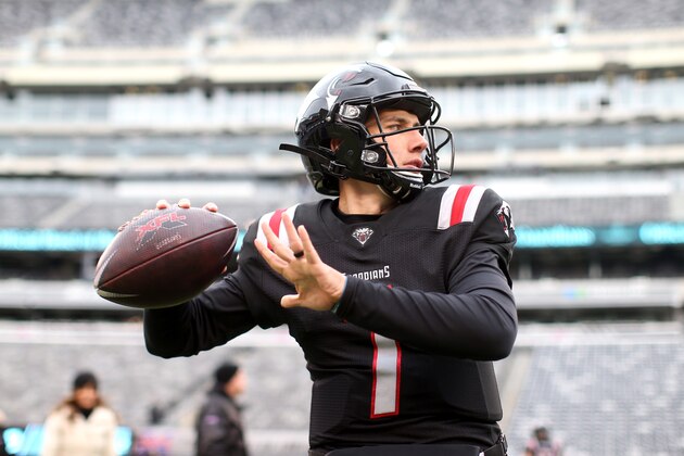 EAST RUTHERFORD, NJ - FEBRUARY 29: Luis Perez #7 of the New York Guardians warms up before the XFL game against the LA Wildcats at MetLife Stadium on February 29, 2020 in East Rutherford, New Jersey. (Photo by Rob Tringali/XFL via Getty Images)