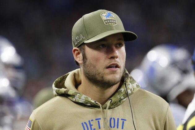 Detroit Lions quarterback Matthew Stafford is seen on the sidelines during the second half of an NFL football game against the Dallas Cowboys, Sunday, Nov. 17, 2019, in Detroit. (AP Photo/Rick Osentoski)