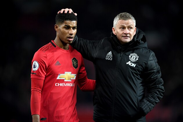 MANCHESTER, ENGLAND - DECEMBER 01: Marcus Rashford of Manchester United is consolled by Ole Gunnar Solskjaer, Manager of Manchester United after the Premier League match between Manchester United and Aston Villa at Old Trafford on December 01, 2019 in Manchester, United Kingdom. (Photo by Stu Forster/Getty Images)