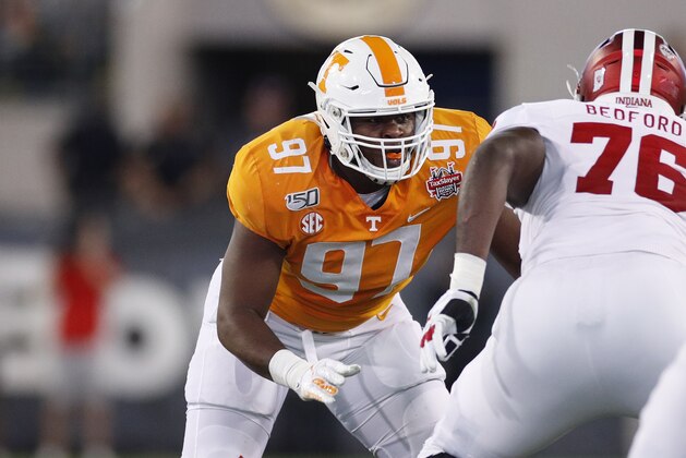 JACKSONVILLE, FL - JANUARY 02: Darel Middleton #97 of the Tennessee Volunteers in action on defense during the TaxSlayer Gator Bowl against the Indiana Hoosiers at TIAA Bank Field on January 2, 2020 in Jacksonville, Florida. Tennessee defeated Indiana 23-22. (Photo by Joe Robbins/Getty Images)