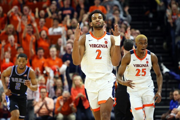 CHARLOTTESVILLE, VA - FEBRUARY 29: Braxton Key #2 and Mamadi Diakite #25 of the Virginia Cavaliers celebrate a shot in the first half during a game against the Duke Blue Devils at John Paul Jones Arena on February 29, 2020 in Charlottesville, Virginia. (Photo by Ryan M. Kelly/Getty Images)