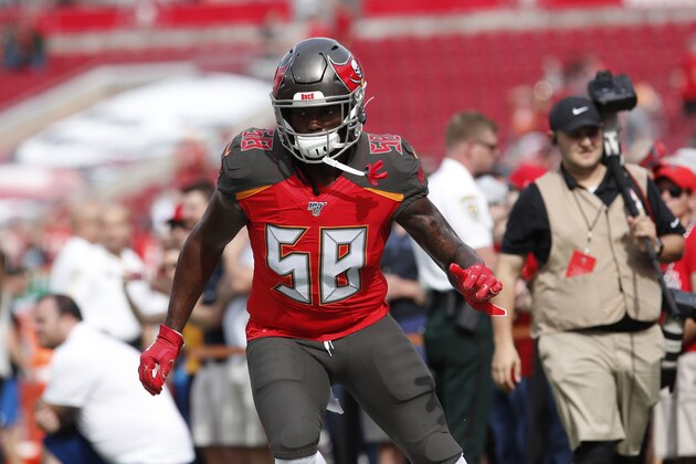 Tampa Bay Buccaneers linebacker Shaquil Barrett (58) before an NFL football game against the Atlanta Falcons Sunday, Dec. 29, 2019, in Tampa, Fla. (AP Photo/Mark LoMoglio)