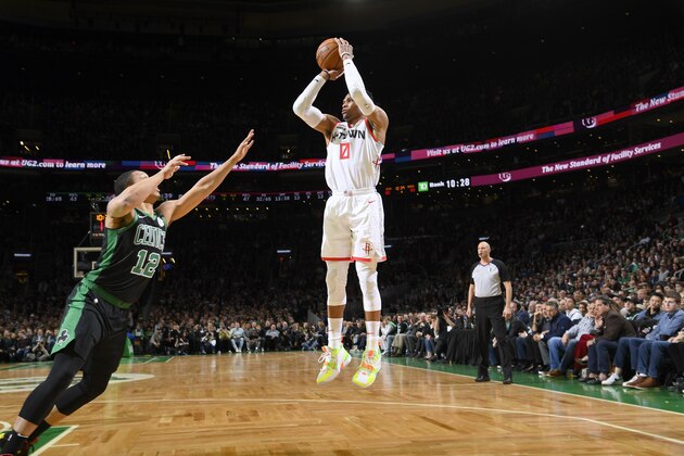 BOSTON, MA - FEBRUARY 29: Russell Westbrook #0 of the Houston Rockets shoots the ball during a game against the Boston Celtics on February 29, 2020 at the TD Garden in Boston, Massachusetts.  NOTE TO USER: User expressly acknowledges and agrees that, by downloading and or using this photograph, User is consenting to the terms and conditions of the Getty Images License Agreement. Mandatory Copyright Notice: Copyright 2020 NBAE  (Photo by Brian Babineau/NBAE via Getty Images)