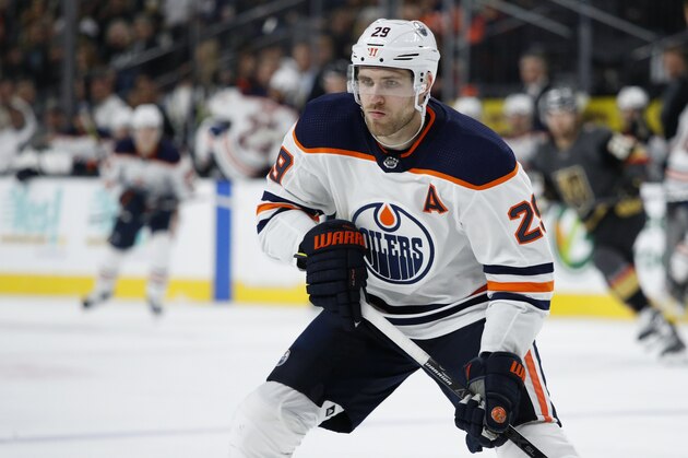 Edmonton Oilers center Leon Draisaitl (29) plays against the Vegas Golden Knights in an NHL hockey game Wednesday, Feb. 26, 2020, in Las Vegas. (AP Photo/John Locher)