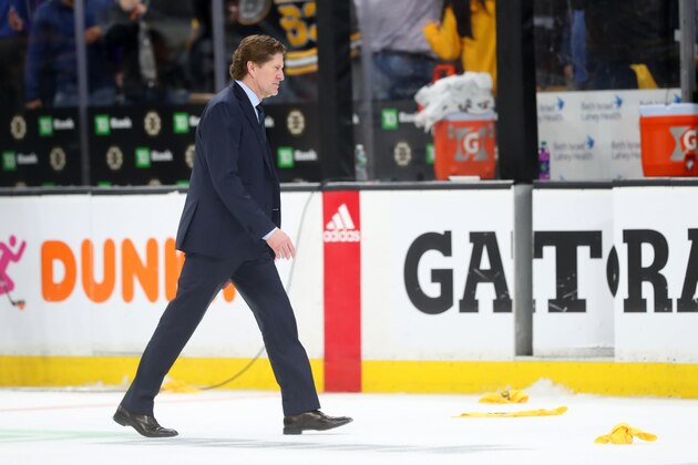 BOSTON, MASSACHUSETTS - APRIL 23: Head Coach Mike Babcock of the Toronto Maple Leafs exits the ice after the Maple Leafs lost 5-1 to the Boston Bruins in Game Seven of the Eastern Conference First Round during the 2019 NHL Stanley Cup Playoffs at TD Garden on April 23, 2019 in Boston, Massachusetts.  (Photo by Maddie Meyer/Getty Images)