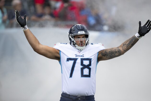 NASHVILLE, TN - OCTOBER 06:  Jack Conklin #78 of the Tennessee Titans runs onto the field before the game against the Buffalo Bills at Nissan Stadium on October 6, 2019 in Nashville, Tennessee. Buffalo defeats Tennessee 14-7.  (Photo by Brett Carlsen/Getty Images)