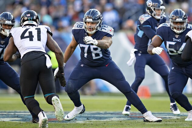 NASHVILLE, TN - NOVEMBER 24:  Jack Conklin #78 of the Tennessee Titans blocks during the first half of a game against the Jacksonville Jaguars at Nissan Stadium on November 24, 2019 in Nashville, Tennessee.   The Titans defeated the Jaguars 42-20.  (Photo by Wesley Hitt/Getty Images)