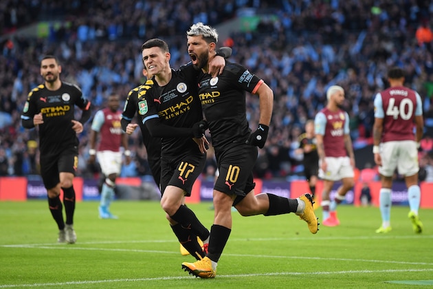 LONDON, ENGLAND - MARCH 01: Sergio Aguero of Manchester City celebrates with teammate Phil Foden after scoring his team's first goal during the Carabao Cup Final between Aston Villa and Manchester City at Wembley Stadium on March 01, 2020 in London, England. (Photo by Michael Regan/Getty Images)
