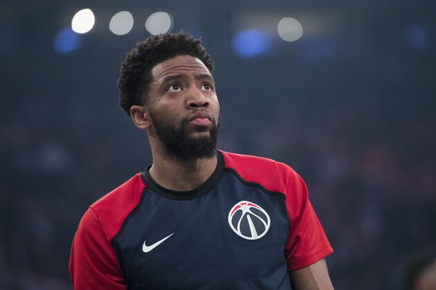 Washington Wizards guard Chasson Randle warms up before an NBA basketball game against the New York Knicks, Sunday, April 7, 2019, at Madison Square Garden in New York. (AP Photo/Mary Altaffer)