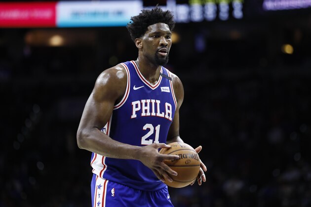 Philadelphia 76ers' Joel Embiid plays during an NBA basketball game against the Atlanta Hawks, Monday, Feb. 24, 2020, in Philadelphia. (AP Photo/Matt Slocum)