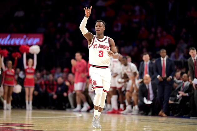 NEW YORK, NEW YORK - FEBRUARY 17:  Rasheem Dunn #3 of the St. John's Red Storm signals to his team against the Xavier Musketeers at Madison Square Garden on February 17, 2020 in New York City. (Photo by Steven Ryan/Getty Images)