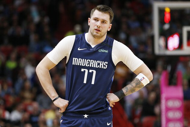 MIAMI, FLORIDA - FEBRUARY 28:  Luka Doncic #77 of the Dallas Mavericks in action against the Miami Heat during the first half at American Airlines Arena on February 28, 2020 in Miami, Florida. NOTE TO USER: User expressly acknowledges and agrees that, by downloading and/or using this photograph, user is consenting to the terms and conditions of the Getty Images License Agreement.  (Photo by Michael Reaves/Getty Images)