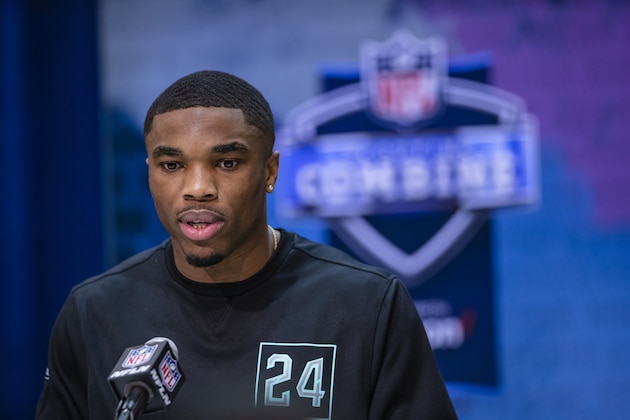 INDIANAPOLIS, IN - FEBRUARY 28: Jeff Okudah #DB24 of the Ohio State Buckeyes speaks to the media on day four of the NFL Combine at Lucas Oil Stadium on February 28, 2020 in Indianapolis, Indiana. (Photo by Michael Hickey/Getty Images)